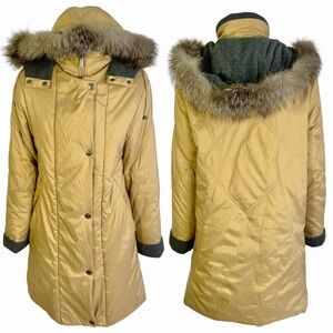 FEMINELLA BROWN PARKA COAT LONG WINTER TAN COAT FUR TRIM ON HOODIE SIZE SMALL